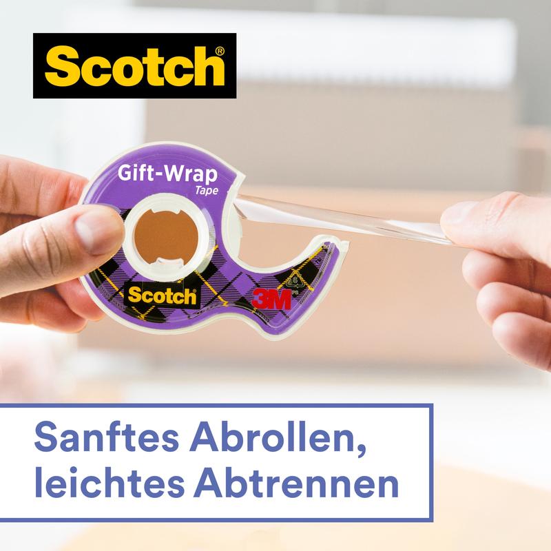 A hand pulls a strip of Scotch® gift satin tape, refill pack (1 roll, 19 mm x 25 m) from 3M Deutschland GmbH out of a purple dispenser; the label reads "Smooth unrolling, easy tearing." Ideal for wrapping gifts.