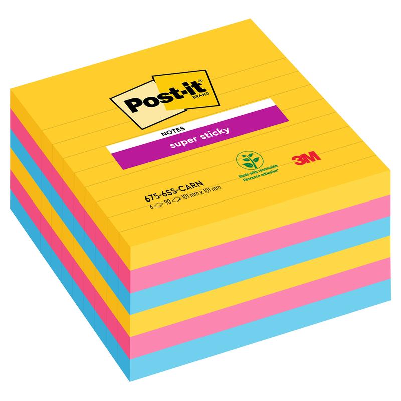 A stack of Post-it® Super Sticky Notes in large format (101 mm x 101 mm, 90 sheets/block, 100% PEFC) from 3M Deutschland GmbH shows alternating yellow, blue, and pink sheets with the logo and recycling symbol on the packaging.