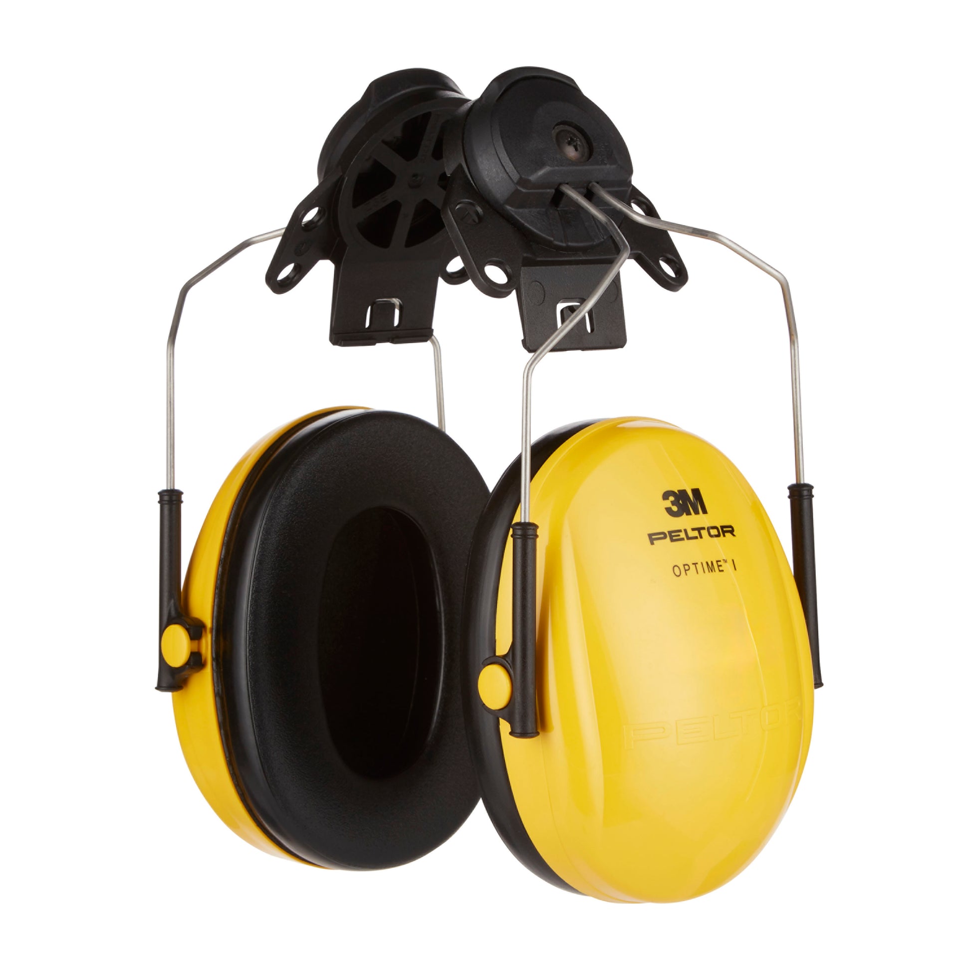 Gelber 3M™ PELTOR™ Optime™ I H510P3E Helm-Ohrschützer (SNR 26 dB) von 3M Deutschland GmbH, mit Metall-Kopfbügel und verstellbaren schwarzen Kunststoffaufsätzen. Packung enthält 1 Stück.