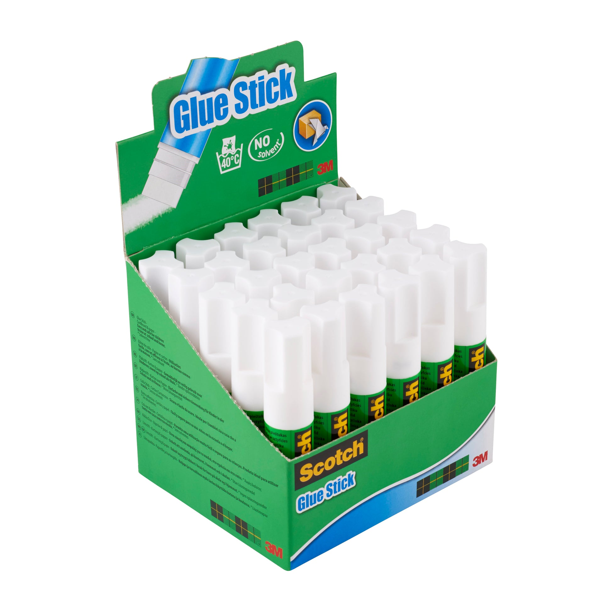 Ein grüner Displaykarton enthält mehrere Scotch® Permanent-Klebestift 8 g mit weißen Kappen, die in Reihen angeordnet sind. Die Verpackung zeigt das Logo der 3M Deutschland GmbH und die Produktangaben.