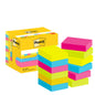 A pack of 3M Deutschland GmbH Post-it® Notes, Energetic Collection, 38x51 mm, 100 sheets/block, 12 blocks/pack in a PEFC-certified box - ideal for office organization in bright colors and branded.