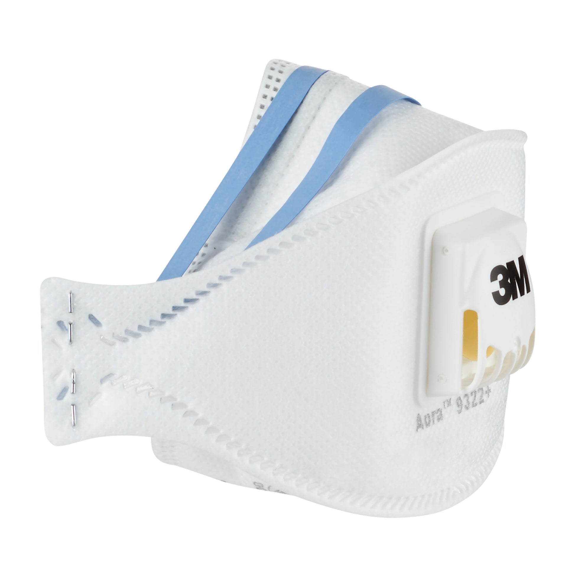 Eine 3M™ Aura™ Comfort Cool Flow™ Partikelmaske 9322+, FFP2, mit Ventil von 3M Deutschland GmbH, in Weiß mit blauen Kopfbändern, liegt auf weißem Hintergrund. Die Maske hat sichtbare Nähte und aufgedruckte Produktinfos an der Seite.