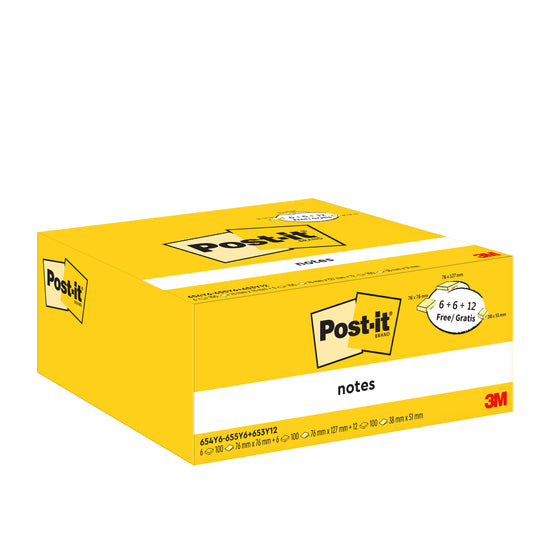 Eine gelbe Schachtel Post-it® Notes der 3M Deutschland GmbH zeigt das Logo und Details und bietet 12 Blöcke plus 12 Gratisblöcke (je 100 Blatt), in verschiedenen Größen, verpackt in einem Karton, PEFC-zertifiziert.