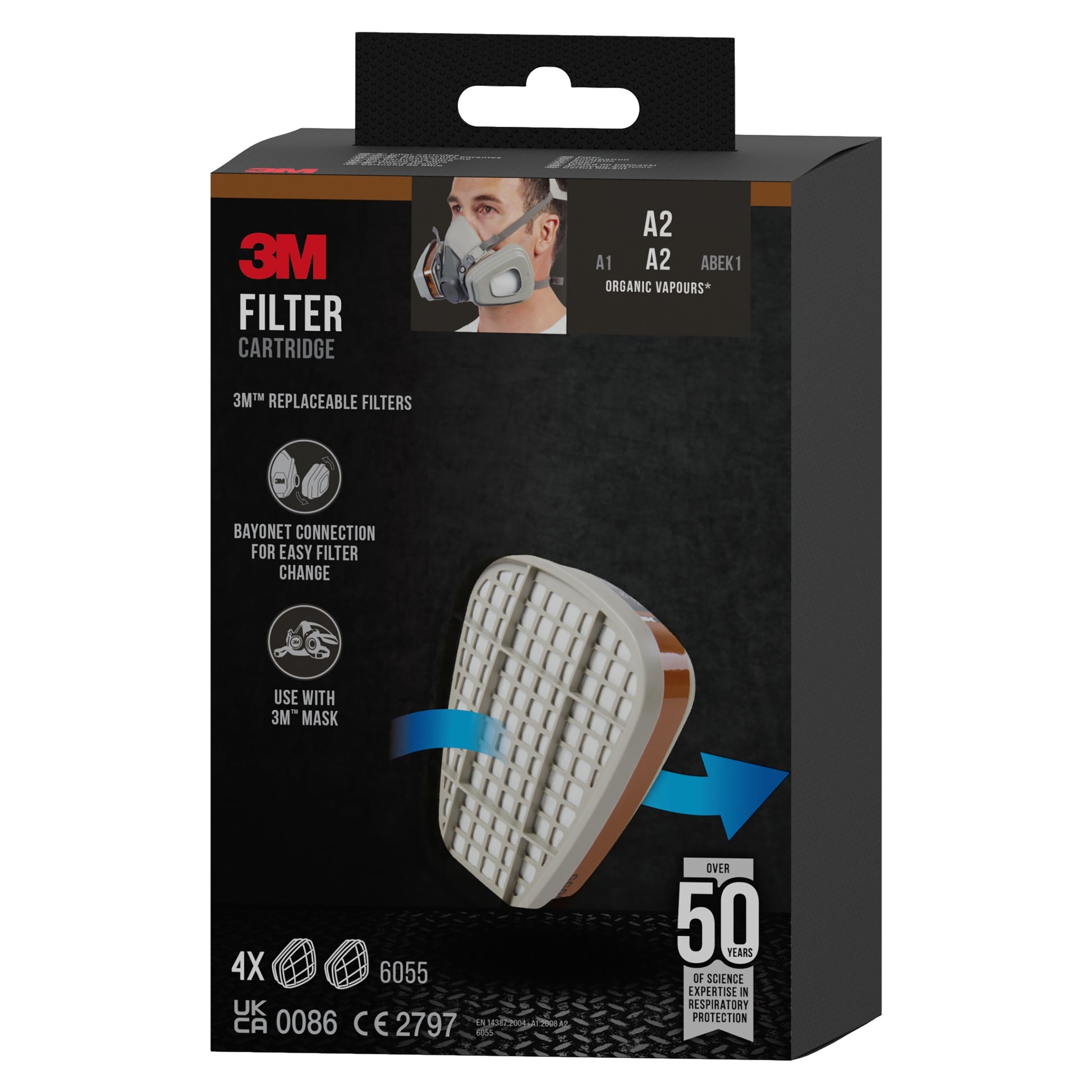 Eine Schachtel mit der 3M™ Filterpatrone 6055, A2 Organische Dämpfe von 3M Deutschland GmbH, mit einer Abbildung der Patrone, einer Person mit Maske und Text zur Kompatibilität, zum Filtertyp und zu den vier enthaltenen Patronen.