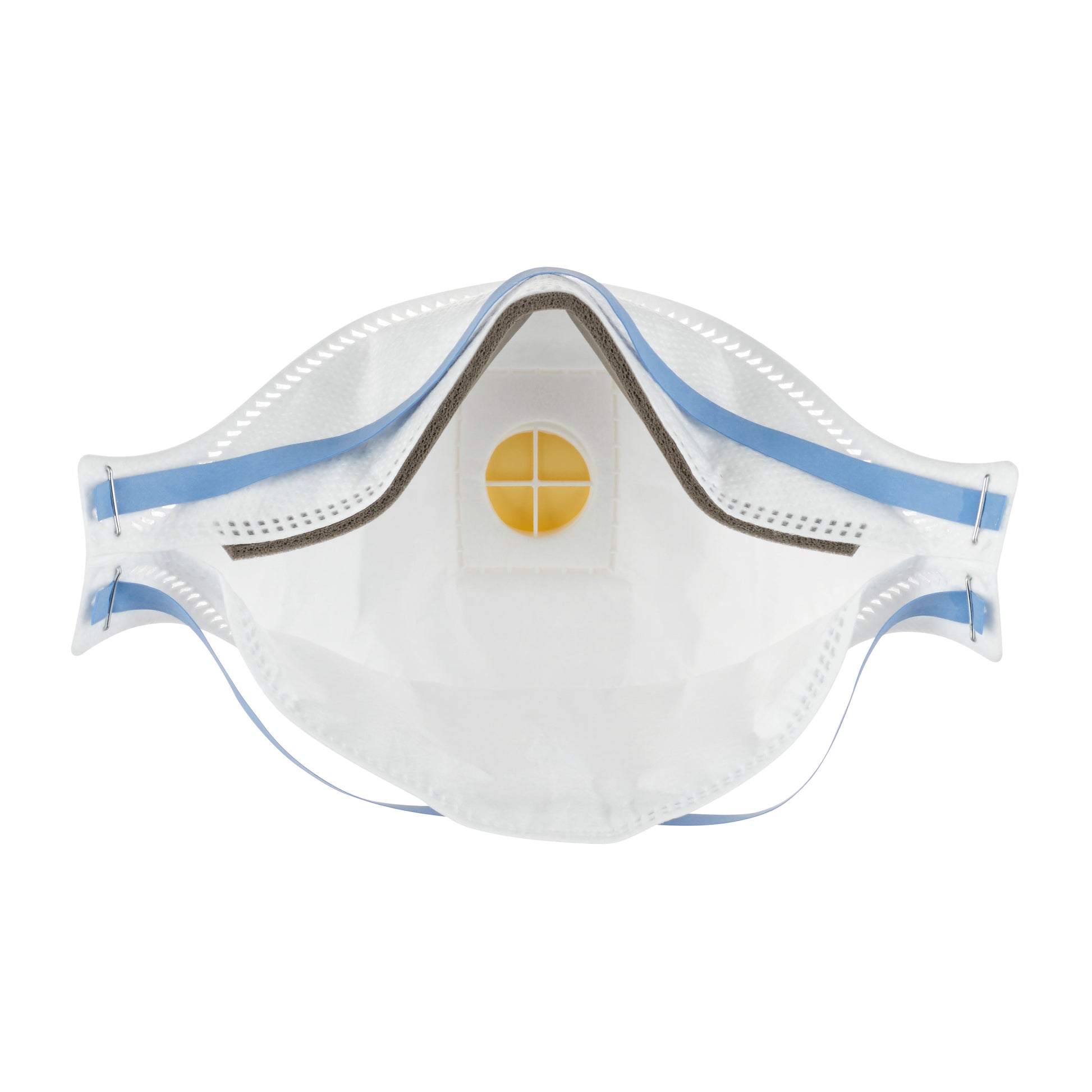 Eine Nahaufnahme der 3M™ Aura™ Comfort Cool Flow™ 9322+ Partikelmaske (FFP2) von 3M Deutschland GmbH zeigt den blauen Nasenstreifen, das gelbe Ausatemventil und die elastischen Ohrschlaufen vor weißem Hintergrund.