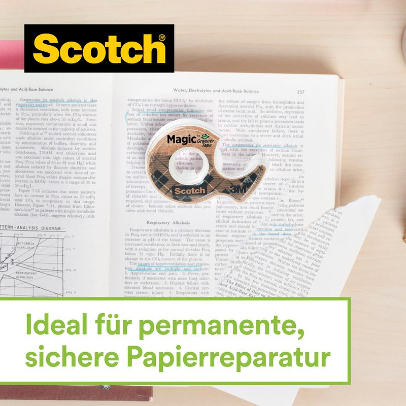 The Scotch™ stainless steel tape dispenser in silver with Scotch® Magic™ tape (66% plant-based adhesive, 19 mm x 13.9 m, 2 rolls) from 3M Deutschland GmbH is ideal for secure, permanent paper repairs.