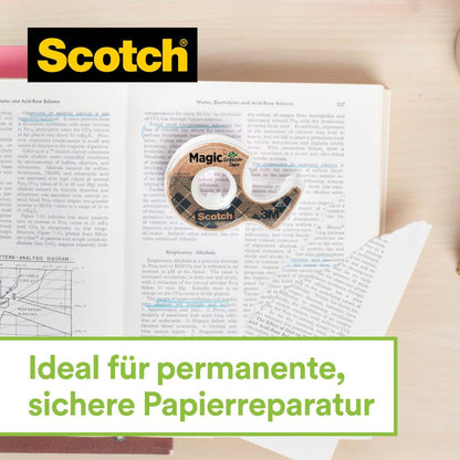 The Scotch™ stainless steel tape dispenser in silver with Scotch® Magic™ tape (66% plant-based adhesive, 19 mm x 13.9 m, 2 rolls) from 3M Deutschland GmbH is ideal for secure, permanent paper repairs.