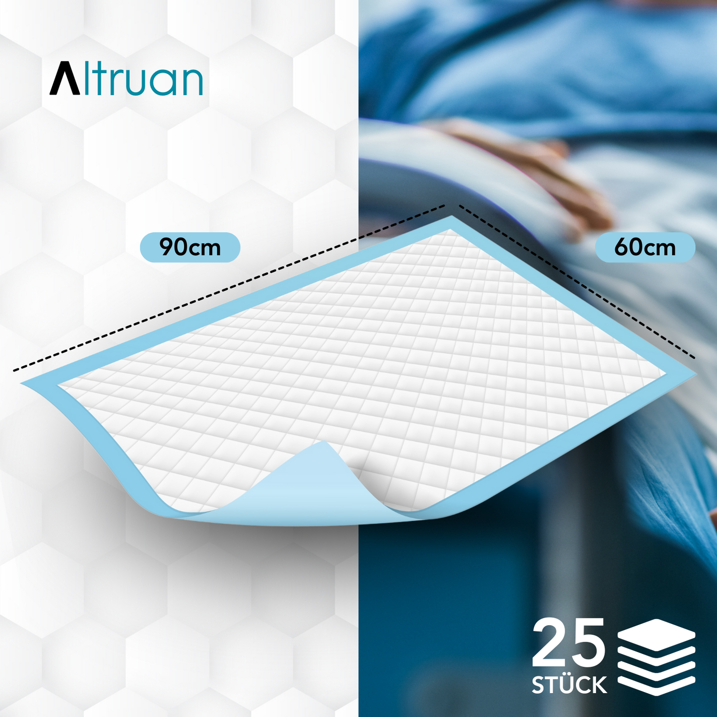 Image shows a package with 25 Altruflock® bed protection pads 60 x 90 cm Supersoft Extremely Absorbent from Altruan. In the background, a person is partially visible in a hospital bed, with the focus on the hospital pads. The design is in white and blue colors.