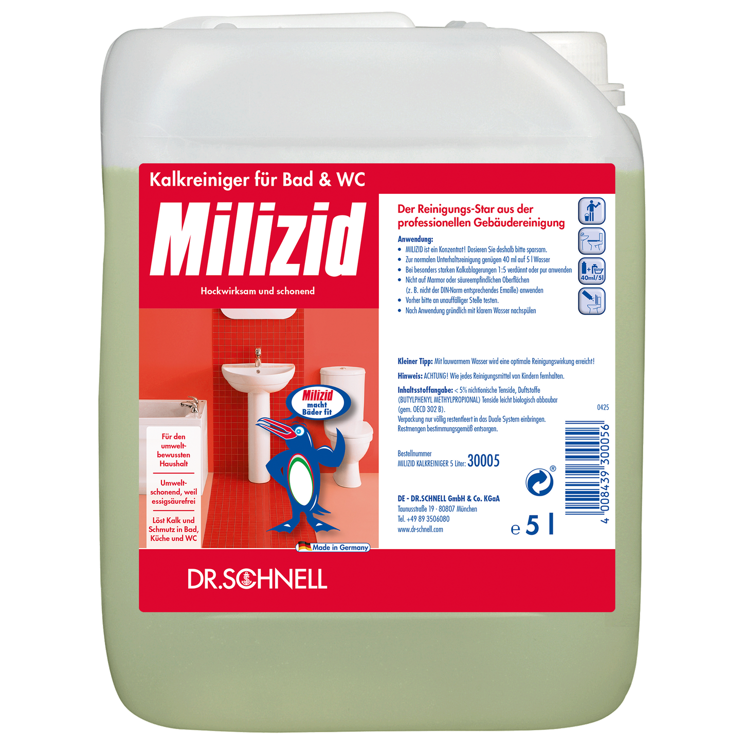 Ein 5-Liter-Gebinde von Dr. Schnell MILIZID KALKREINIGER der DR.SCHNELL GmbH & Co. KGaA, mit einem deutschen Etikett, das Badarmaturen und einen Cartoon-Pinguin zeigt, der die Produktflasche hält.