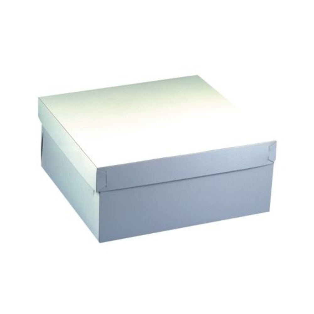 Pictured is a PAPSTAR 10 cake boxes, with lid, square white cardboard from PAPSTAR GmbH, closed with an attached lid. The square white box (30x30x13 cm) stands slightly tilted against a white background.