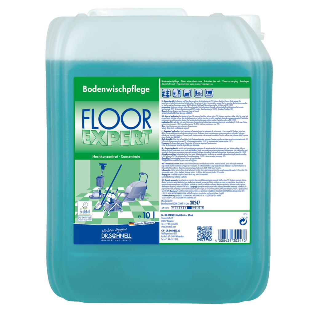 A 10-liter container of Dr. Schnell FLOOR EXPERT by DR.SCHNELL GmbH & Co. KGaA is equipped with a green-blue label with cleaning machine graphics and German instructions. The blue-green liquid is ideal for professional floor cleaning.