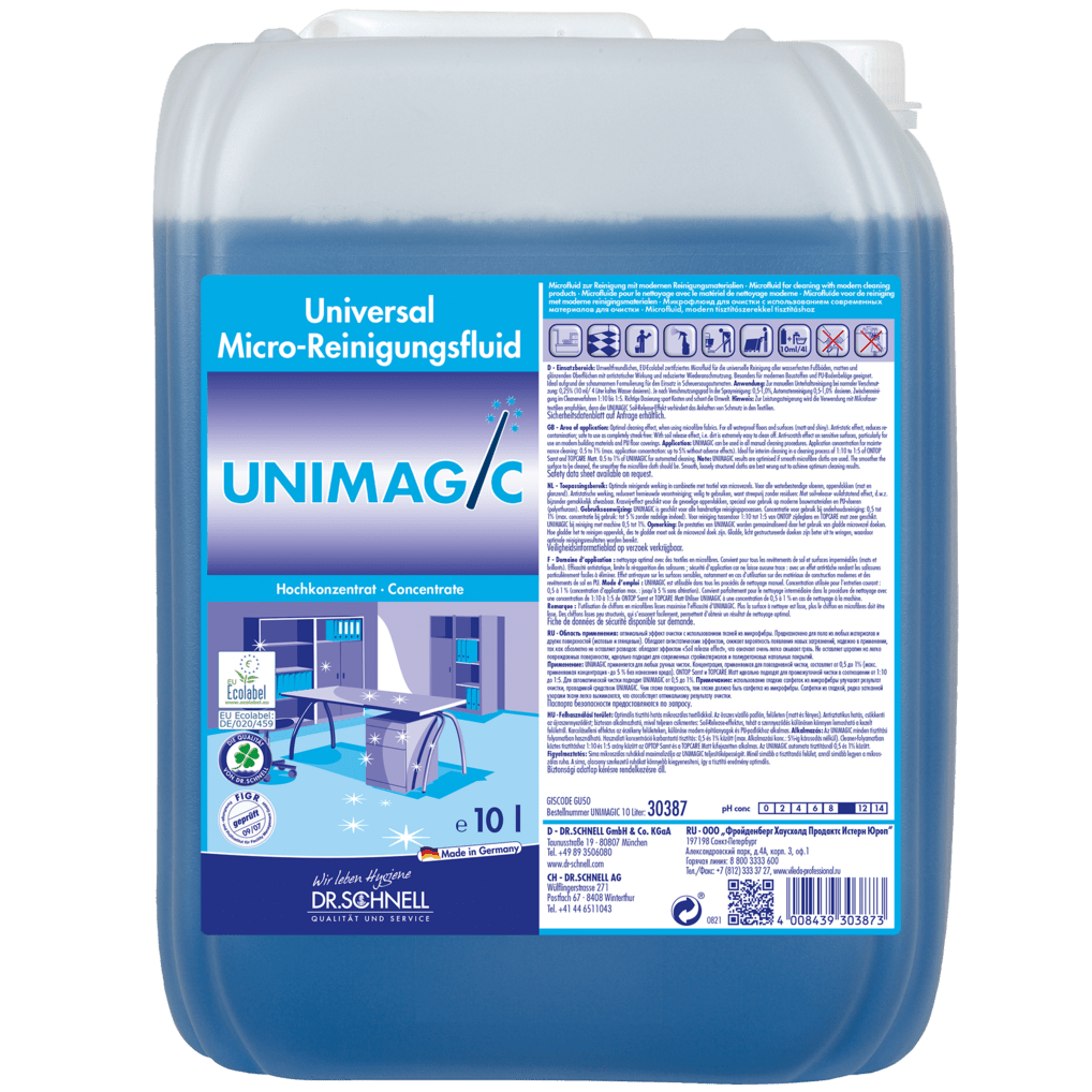 A 10-liter container of Dr. Schnell UNIMAGIC from DR.SCHNELL GmbH & Co. KGaA features a handle and a large label with product information, usage instructions, certification logos, and a cleaning cart graphic.