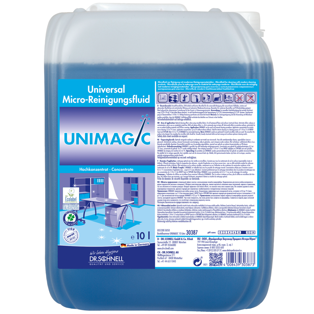 Ein blauer 10-Liter-Kunststoffbehälter von Dr. Schnell UNIMAGIC von DR.SCHNELL GmbH & Co. KGaA, mit detaillierter Produktinformation, deutschen Etiketten und Piktogrammen auf beiden Seiten, mit weißem Schraubverschluss.