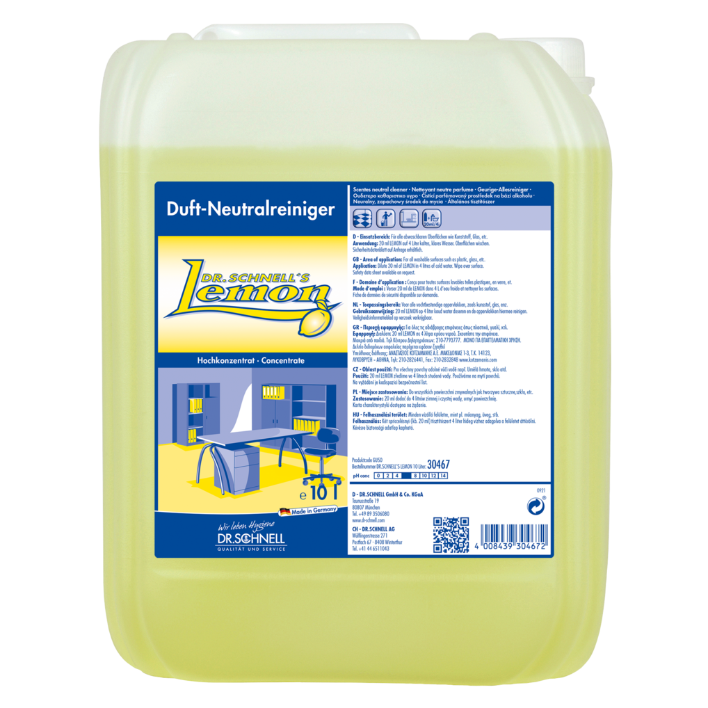 Ein 10-Liter-Gebinde Dr. Schnell DR.SCHNELL'S LEMON von DR.SCHNELL GmbH & Co. KGaA mit gelber Flüssigkeit und einem blau-gelben Etikett mit Produktangaben, ideal für die effektive Reinigung im Haushalt.
