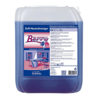 A 10-liter container of Dr. Schnell DR.SCHNELL'S BERRY from DR.SCHNELL GmbH & Co. KGaA, a powerful cleaner with berry scent and blue liquid, with a label containing product information, application instructions, and an image of an office space.