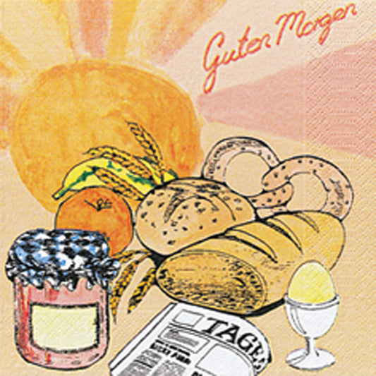Illustration einer Frühstücksszene mit Brot, Brezel, Obst, gekochtem Ei, Marmelade, Zeitung, Sonne und "Guten Morgen" in rot als Tischdekoration. Enthält Duni GmbH Zelltuchservietten 33x33 cm 3-lagig "Ein schöner Tag" (Packung mit 250 Servietten).