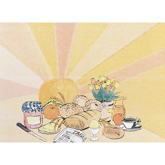 Illustration eines Frühstücks mit Broten, Obst, Kaffee und Tulpen auf Dunicel-Tischsets 30 x 40 cm Ein schöner Tag von Duni GmbH (Packung 100 Stück), vor einem gelben Sonnenstrahl - ideal, um den morgendlichen Tisch zu erhellen.