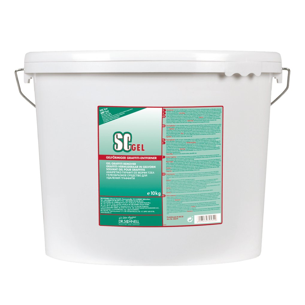 A 10 kg white plastic bucket with a handle and lid contains the Dr. Schnell SC GEL graffiti remover from DR.SCHNELL GmbH & Co. KGaA, a professional graffiti remover. The label shows Italian text in green, red, and white colors.