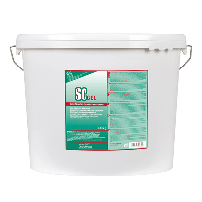 A 10 kg white plastic bucket with a handle and lid contains the Dr. Schnell SC GEL graffiti remover from DR.SCHNELL GmbH & Co. KGaA, a professional graffiti remover. The label shows Italian text in green, red, and white colors.