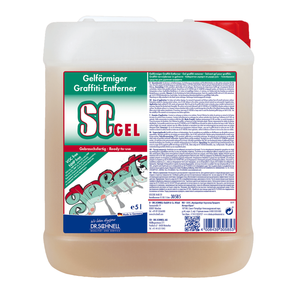 A 5L container Dr. Schnell SC GEL graffiti remover from DR.SCHNELL GmbH & Co. KGaA is equipped with a green-red label with application instructions and graffiti graphics - ideal for effective graffiti removal.