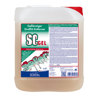 A 5L container Dr. Schnell SC GEL graffiti remover from DR.SCHNELL GmbH & Co. KGaA is equipped with a green-red label with application instructions and graffiti graphics - ideal for effective graffiti removal.