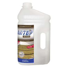 Eine weiße 3-Liter-Kunststoffflasche mit Griff und Schraubverschluss, beschriftet mit "Dr. Schnell ONTOP Holzreiniger für Böden" von DR.SCHNELL GmbH & Co. KGaA, beschrieben als wirksamer Holzbodenreiniger für den professionellen Einsatz in der Gebäudereinigung.