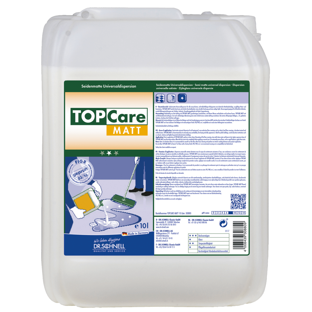 A 10-liter canister made of white plastic of the Dr. Schnell TOPCARE MATT silk matt universal dispersion for building cleaning floors by DR.SCHNELL GmbH & Co. KGaA, with product labels, instructions and cleaning illustrations on the front.