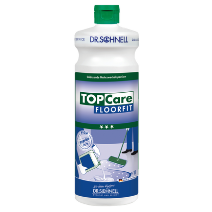 Eine weiße 1-Liter-Flasche der DR.SCHNELL GmbH & Co. KGaA Dr. Schnell TOPCARE FLOORFIT mit grüner Kappe und Etikett mit Mopp- und Tablettenmotiven, deutschem Text, ist ideal für die professionelle, streifenfreie Bodenreinigung als Mehrzwecklösung.