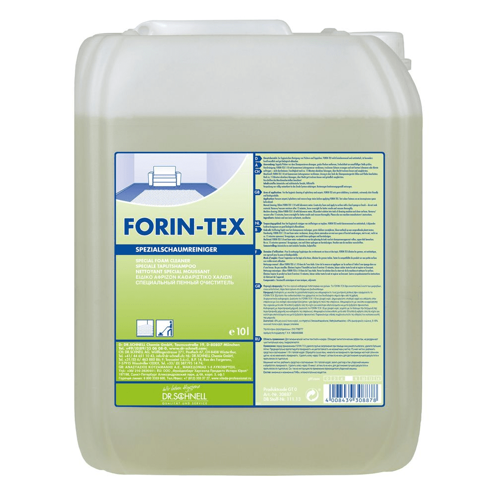 A 10-liter container made of semi-transparent plastic with a handle, labeled "Dr. Schnell FORIN-TEX Building Cleaner for Textile Flooring and Upholstery" by DR.SCHNELL GmbH & Co. KGaA, filled with light yellow liquid and multilingual instructions.