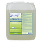 A 10-liter container made of semi-transparent plastic with a handle, labeled "Dr. Schnell FORIN-TEX Building Cleaner for Textile Flooring and Upholstery" by DR.SCHNELL GmbH & Co. KGaA, filled with light yellow liquid and multilingual instructions.