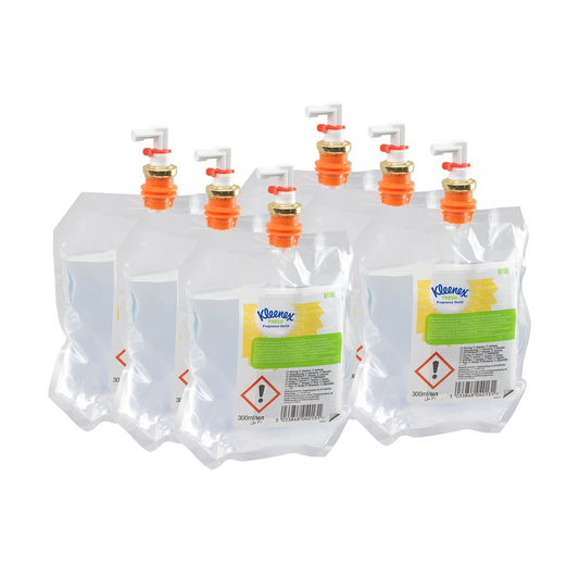 Sechs transparente Kleenex® Duft-Lufterfrischer Fresh Nachfüllpackung 6190 von Kimberly-Clark GmbH, jeweils mit orange-weißem Spenderventil und Warnhinweisen versehen, sind im 6er-Karton verpackt - ideal für Duft-Lufterfrischer-Systeme.