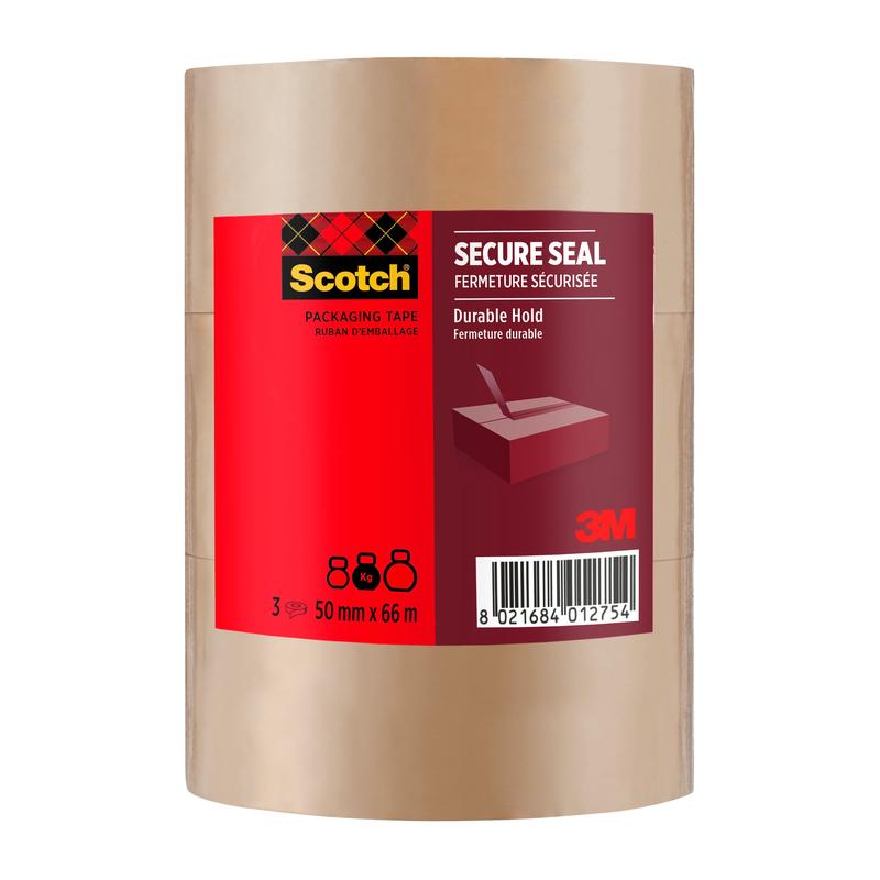 A roll of Scotch® packaging tape for secure sealing, 50 mm x 66 m, from 3M Deutschland GmbH is equipped with a red label with product information and a barcode; the tape is transparent.