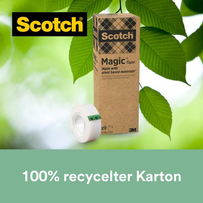A pack of Scotch® Magic™ Tape (9 rolls, 19 mm x 33 m) from 3M Deutschland GmbH, made with 66% plant-based adhesive and 100% recycled cardboard - ideal for sustainable office supplies.