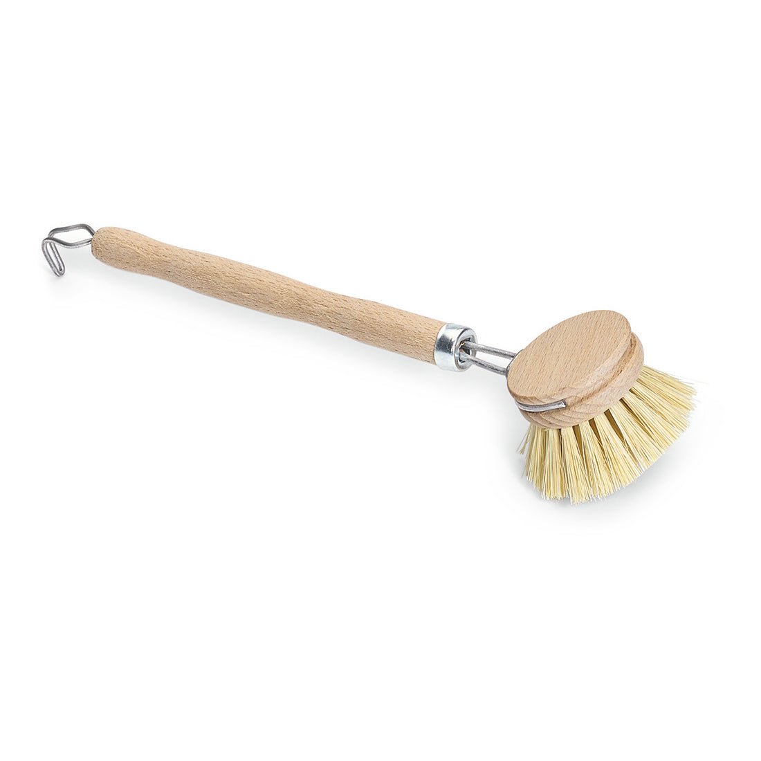 The Nölle Profi Brush dish brush 25 cm with a wooden handle, heat-resistant fiber bristles, round head, and metal hook at the end of the handle from Nölle Profi Brush Bürsten- & Pinseltechnik e.K. is pictured on a white background.