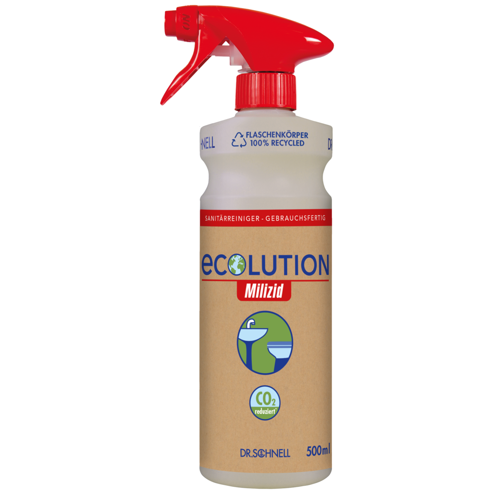 Die Dr. Schnell Handsprühflasche ECOLUTION leer 500 ml von DR.SCHNELL GmbH & Co. KGaA hat eine rote Düse, ein beiges Umweltzeichen mit CO₂-Reduktionssymbolen und ist eine umweltfreundliche Sprühflasche aus recyceltem Material.