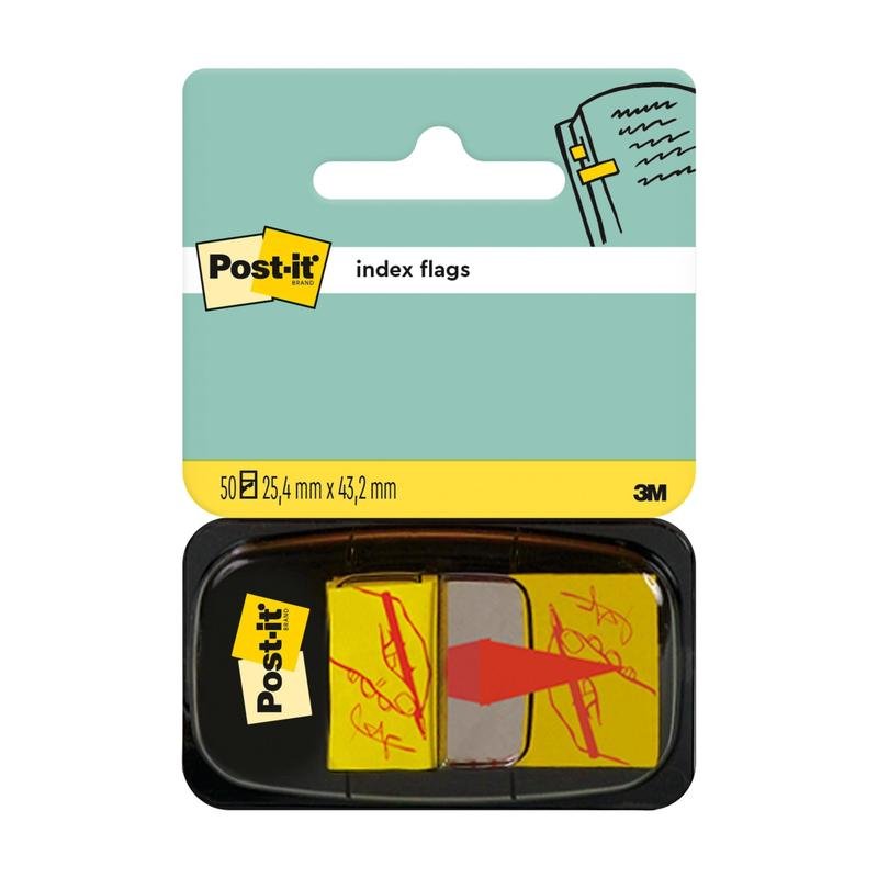The Post-it® Index Tabs, Standard, Yellow (25.4 mm x 43.2 mm) from 3M Deutschland GmbH contains 50 yellow flags with right-pointing red arrows in a black dispenser. The packaging features a graphic of a flagged document.