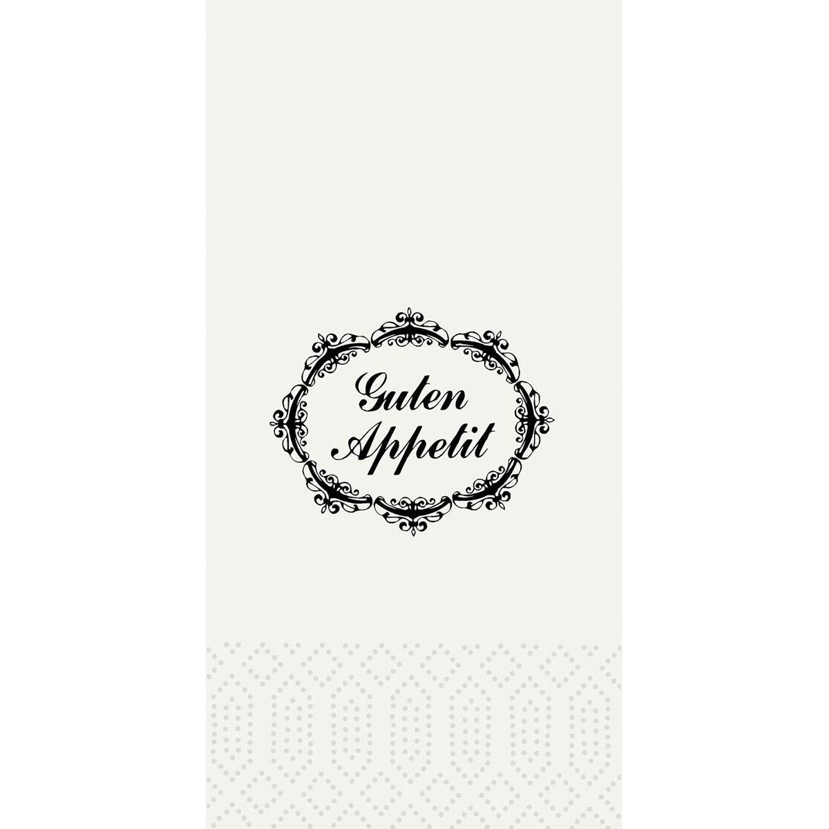 Ein verschnörkelter schwarzer Rahmen mit "Guten Appetit" in eleganter Schrift ziert die Duni GmbH Zelltuchservietten (33 x 33 cm, 2-lagig, 1/8 Kopffalz, Packung 300 Stück) - ideal für den stilvoll gedeckten Tisch.