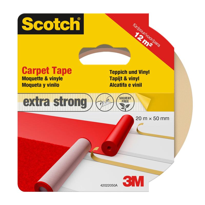 Packaging for Scotch® carpet tape, 42022050 from 3M Deutschland GmbH, white, 50 mm x 20 m; "extra strong" tape, depicted on carpet/vinyl for repairs. One roll covers up to 12 m².