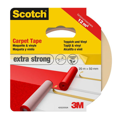 Packaging for Scotch® carpet tape, 42022050 from 3M Deutschland GmbH, white, 50 mm x 20 m; "extra strong" tape, depicted on carpet/vinyl for repairs. One roll covers up to 12 m².
