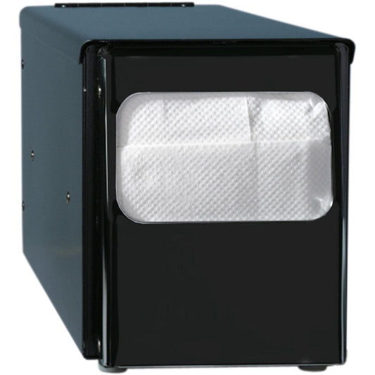 Der Serviettenspender Metall f. 25x30 cm von Duni GmbH in Schwarz mit rechteckigem Sichtfenster zeigt gefaltete weiße Servietten und eignet sich ideal für Gastronomie oder Zuhause.