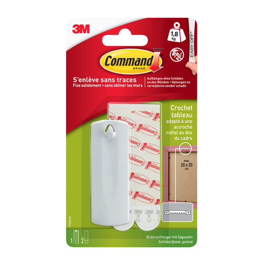 Der Command™ Sägezahn-Bildernagel 17040 von 3M Deutschland GmbH ist in der Originalverpackung (1 Stück) mit weißem Haken, Klebestreifen, deutscher und französischer Anleitung, Produktkennzeichnung und einer Gewichtsbeschränkung von 1,8 kg auf der Verpackung abgebildet.