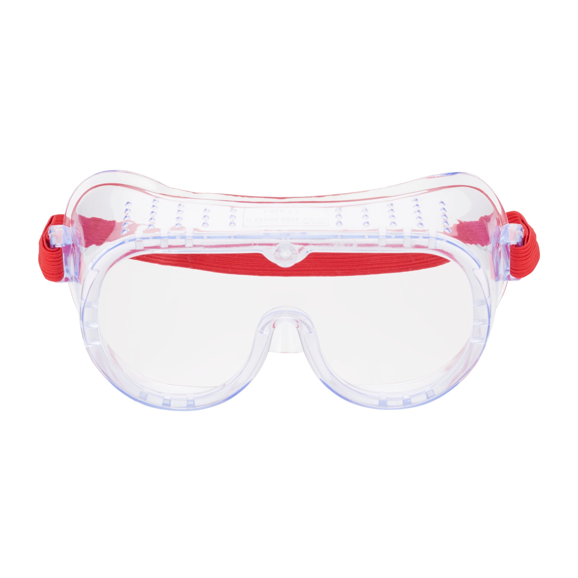 Die 3M™ Classic Schutzbrille 4700 von 3M Deutschland GmbH ist von vorne auf weißem Hintergrund abgebildet und verfügt über eine klare Linse, ein rotes, verstellbares Band, ein gebogenes Design und Belüftungslöcher an der Oberseite. Packung enthält 1 Stück.