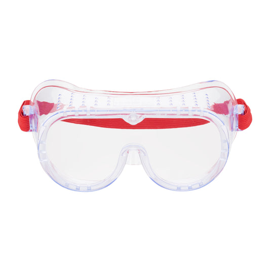 Die 3M™ Classic Schutzbrille 4700 von 3M Deutschland GmbH ist von vorne auf weißem Hintergrund abgebildet und verfügt über eine klare Linse, ein rotes, verstellbares Band, ein gebogenes Design und Belüftungslöcher an der Oberseite. Packung enthält 1 Stück.