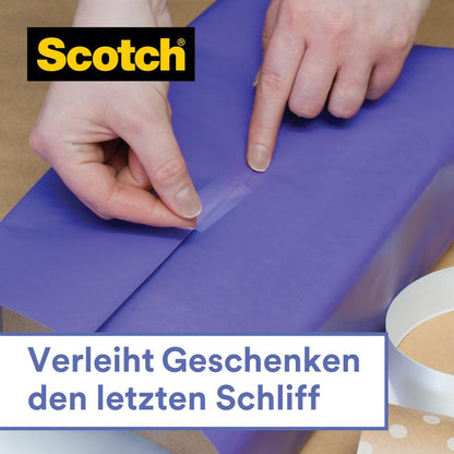 Someone seals purple wrapping paper with Scotch® gift satin tape (1 roll, 19 mm x 25 m) from 3M Deutschland GmbH. The Scotch logo appears in the top left, below it reads: "Gives gifts the final touch."
