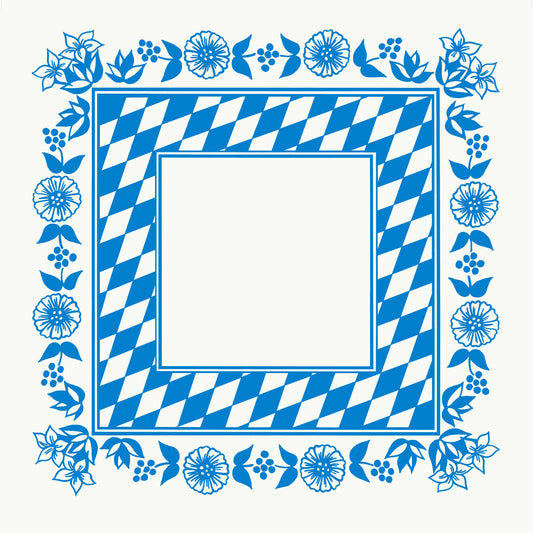 Die Dunicel-Mitteldecken 84 x 84 cm von Duni GmbH zeigen ein blau-weißes bayerisches Rautenmuster mit blauer Blumenbordüre. Die knackig weiße Mitte ist ideal für die Oktoberfest-Dekoration. Erhältlich in Packungen zu 100 Stück.
