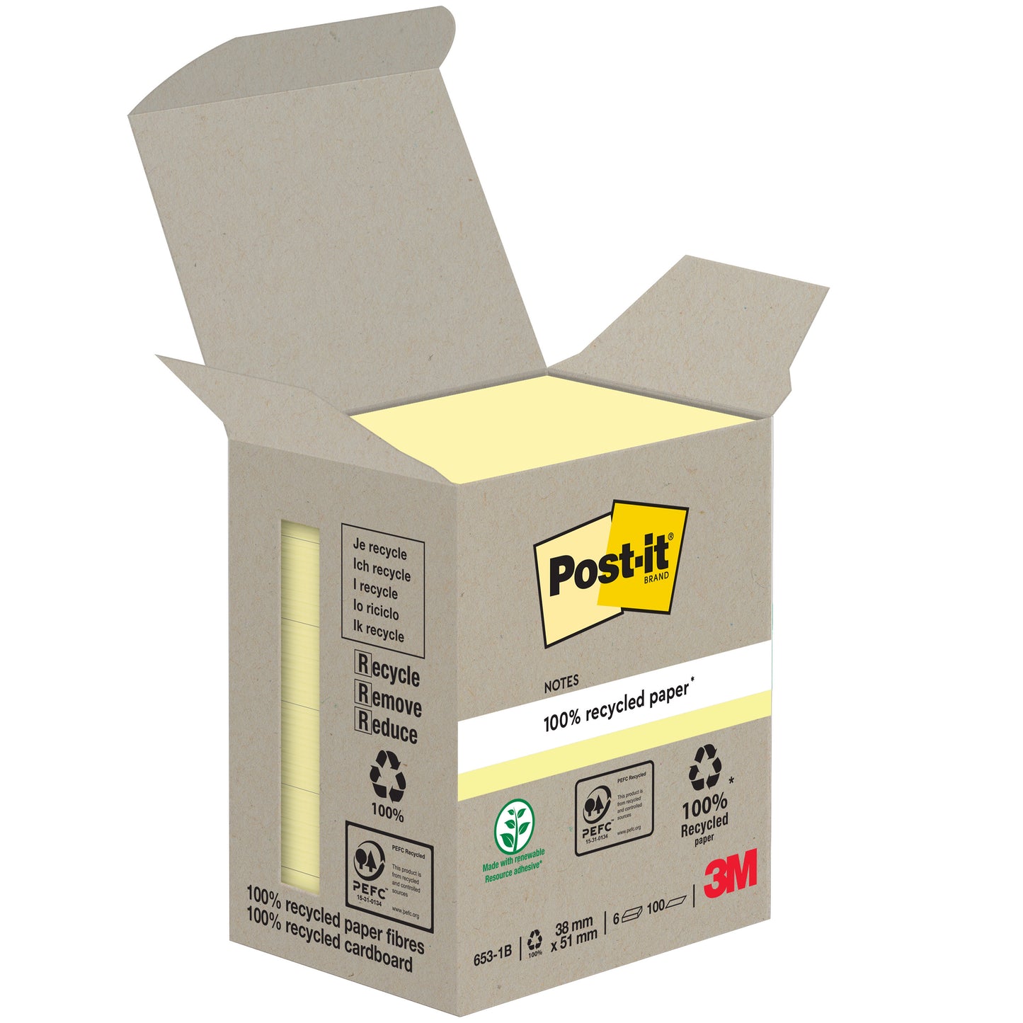 An open box of Post-it® Recycling Notes, 38 mm x 51 mm, 100 sheets per block, made from 100% PEFC-certified paper from 3M Deutschland GmbH, shows yellow notes with recycling logos and the 3M logo on the packaging.