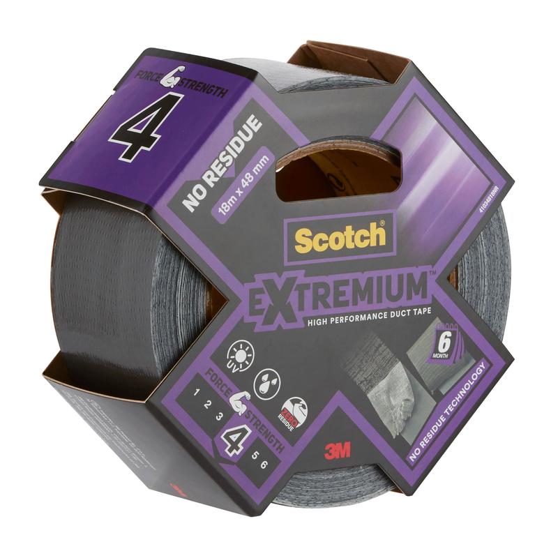 A roll of Scotch® Extremium™ No Residue High Performance Duct Tape (18.2 m x 48 mm) from 3M Deutschland GmbH in packaging with purple-gray design and details like "no residue" and "force strength 4".