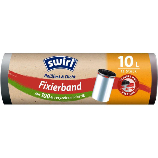 Eine Rolle Swirl Fixierband-Müllbeutel 10 l Reißfest & Dicht von Melitta Europa GmbH & Co. KG enthält 15 Beutel aus 100 % recyceltem Kunststoff, mit roter, grüner und blauer deutscher Kennzeichnung für eine umweltschonende Abfallentsorgung.