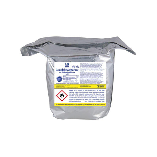 Eine silberne Verpackung mit deutscher Beschriftung und einem roten Warnhinweis „Entzündlich“ enthält 70 Dr. Becher Desinfektionstücher zur Flächendesinfektion der Dr. Becher GmbH, perfekt für die rückstandsfreie Desinfektion alkoholbeständiger Oberflächen.