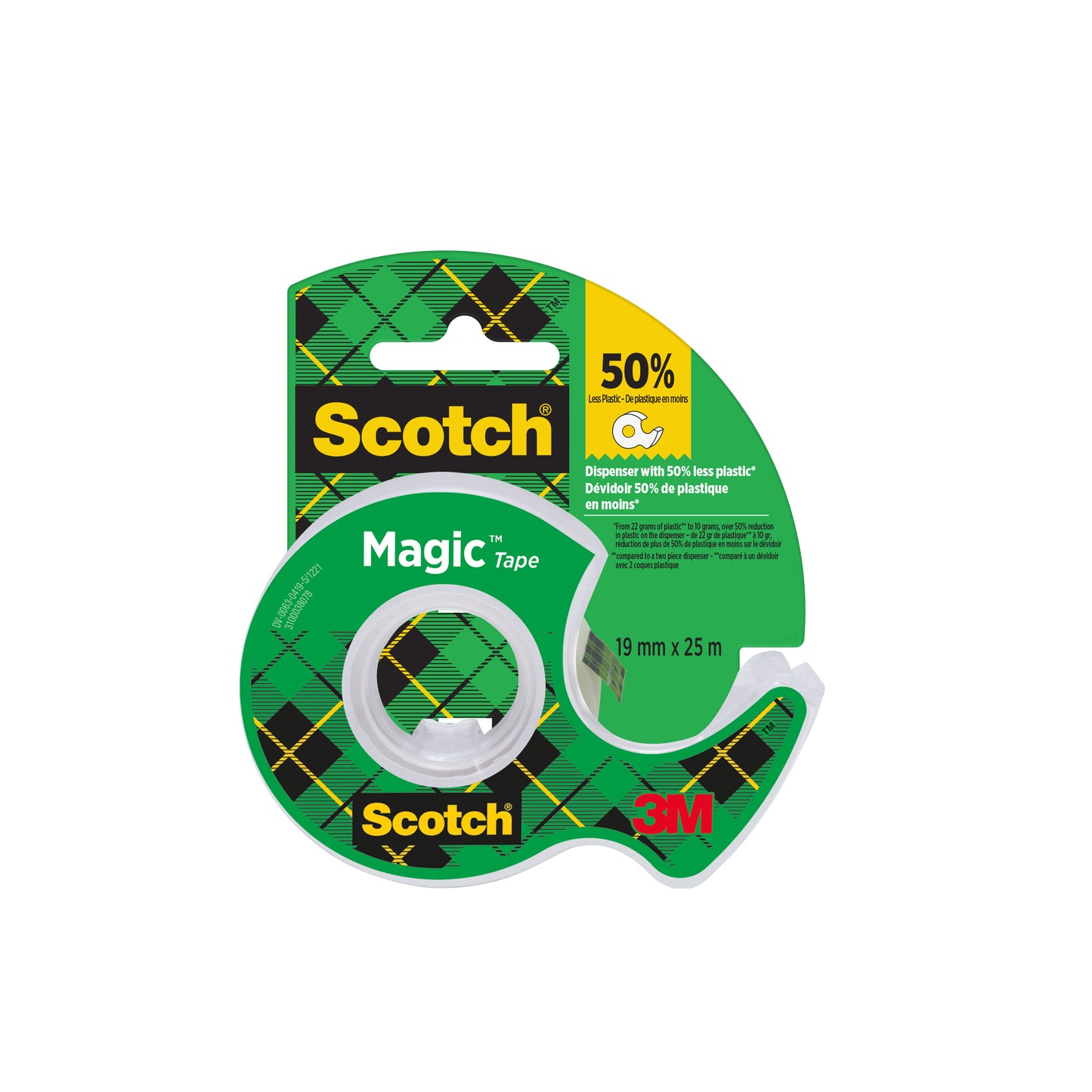 Scotch® Magic™ Invisible Tape (19 mm x 25 m) from 3M Deutschland GmbH comes in a green and yellow handheld dispenser, using 50% less plastic; the 3M logo is visible on the bottom right of the packaging.
